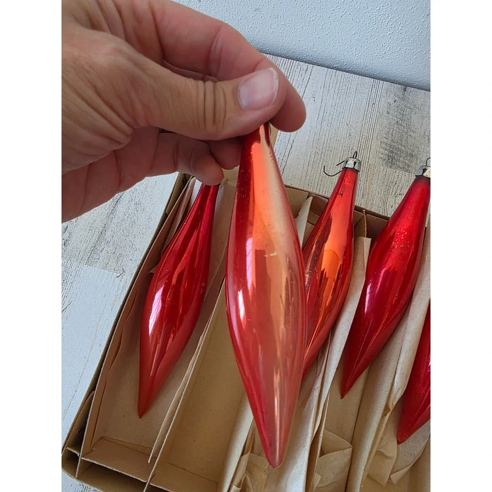 Vintage red icicle Poland set ornament Xmas tree